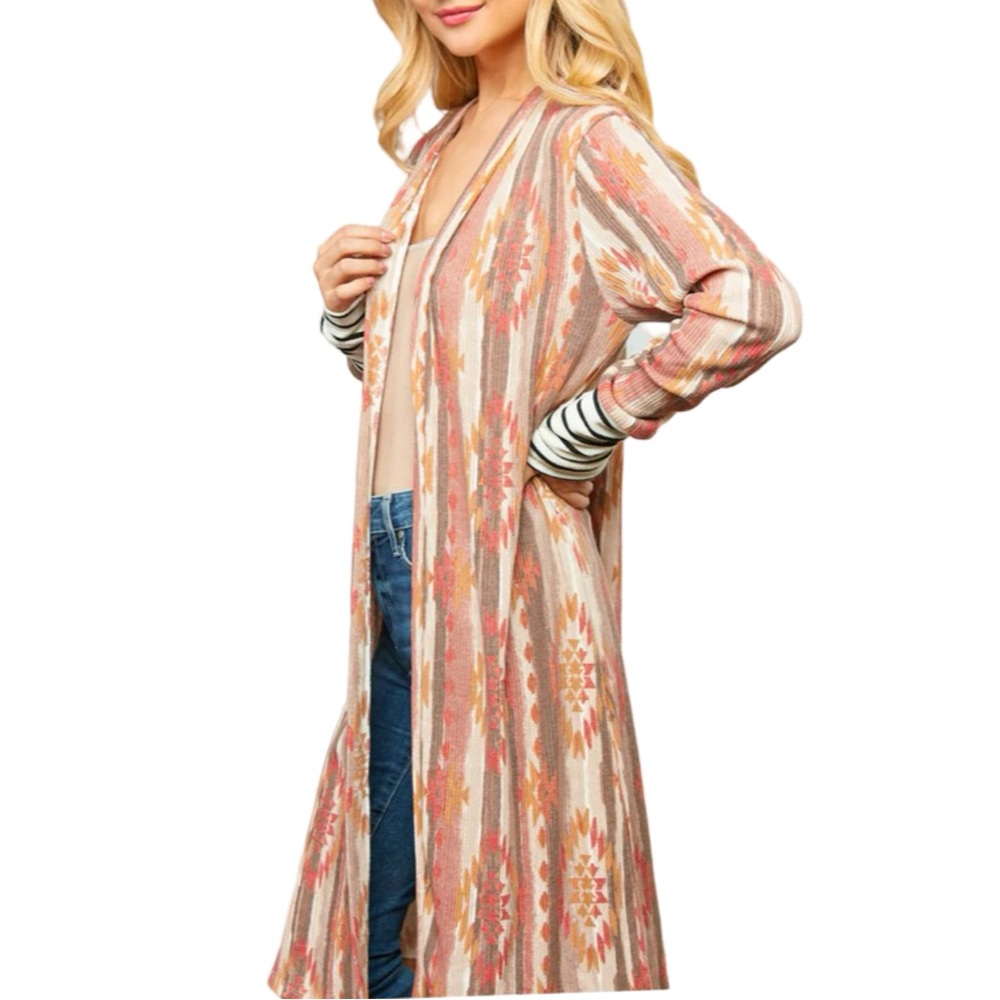 7th Ray Aztec Printed Stripe Sleeve Open Cardigan - Picture 2 of 10